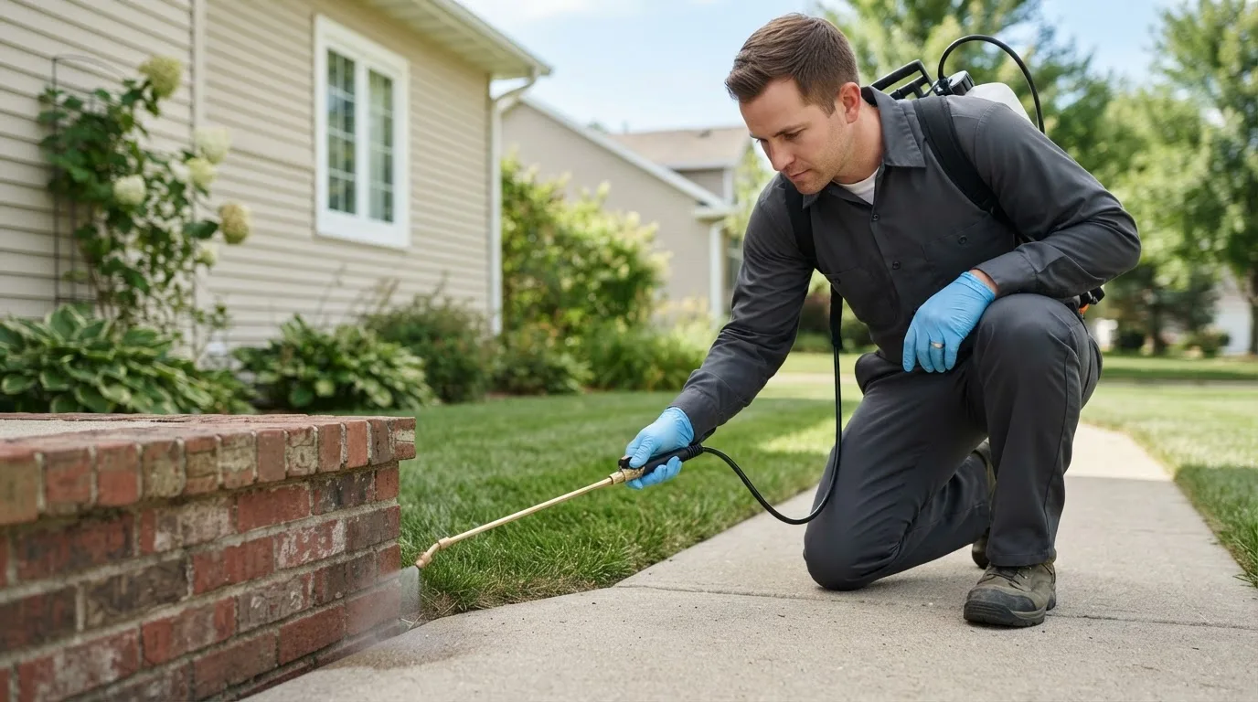 Pest control technician treating a home near Arkoma, OK